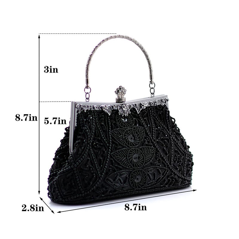 DA BODAN Women's Evening Bag Vintage Beaded Sequin Pearl Clutch Handbag Shoulder Bag Purses for Wedding Bridal Prom Party (Black) - Image 2